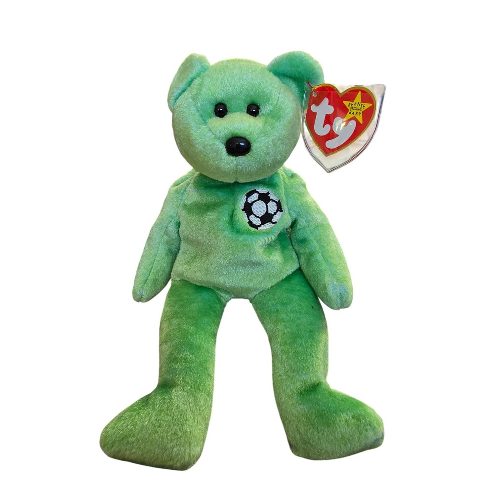 Ty Beanie Baby Kicks the Soccer Bear Green Plush 1998 Vintage Collectible Toy